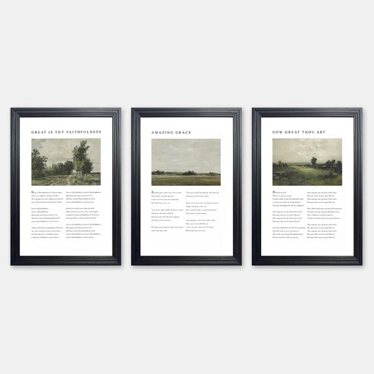 Hymn inspired landscape triptych christian wall art faith and nature print set
