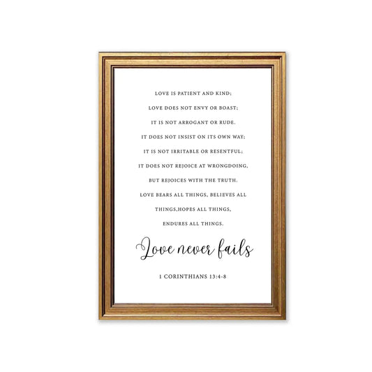 Love Never Fails | Christian Wall Art | 1 Corinthians 13:4-8 | Bible Verse Print