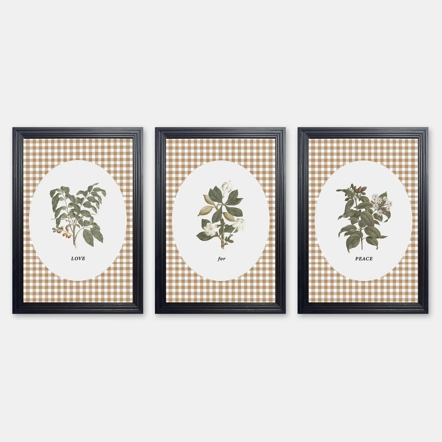 Love and Peace | Botanical Wall Art Set | Gingham Trio Print